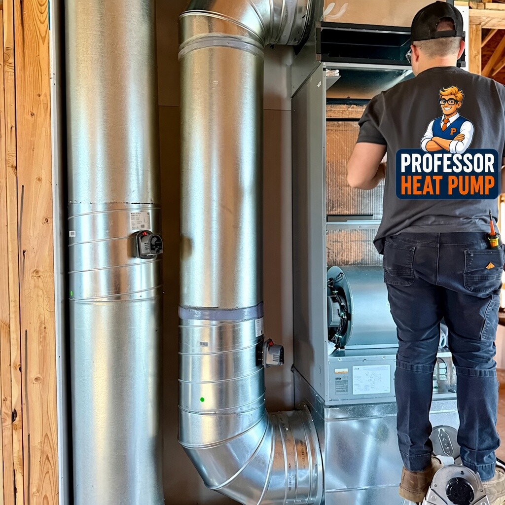 A technician working on a furnace and the ductwork